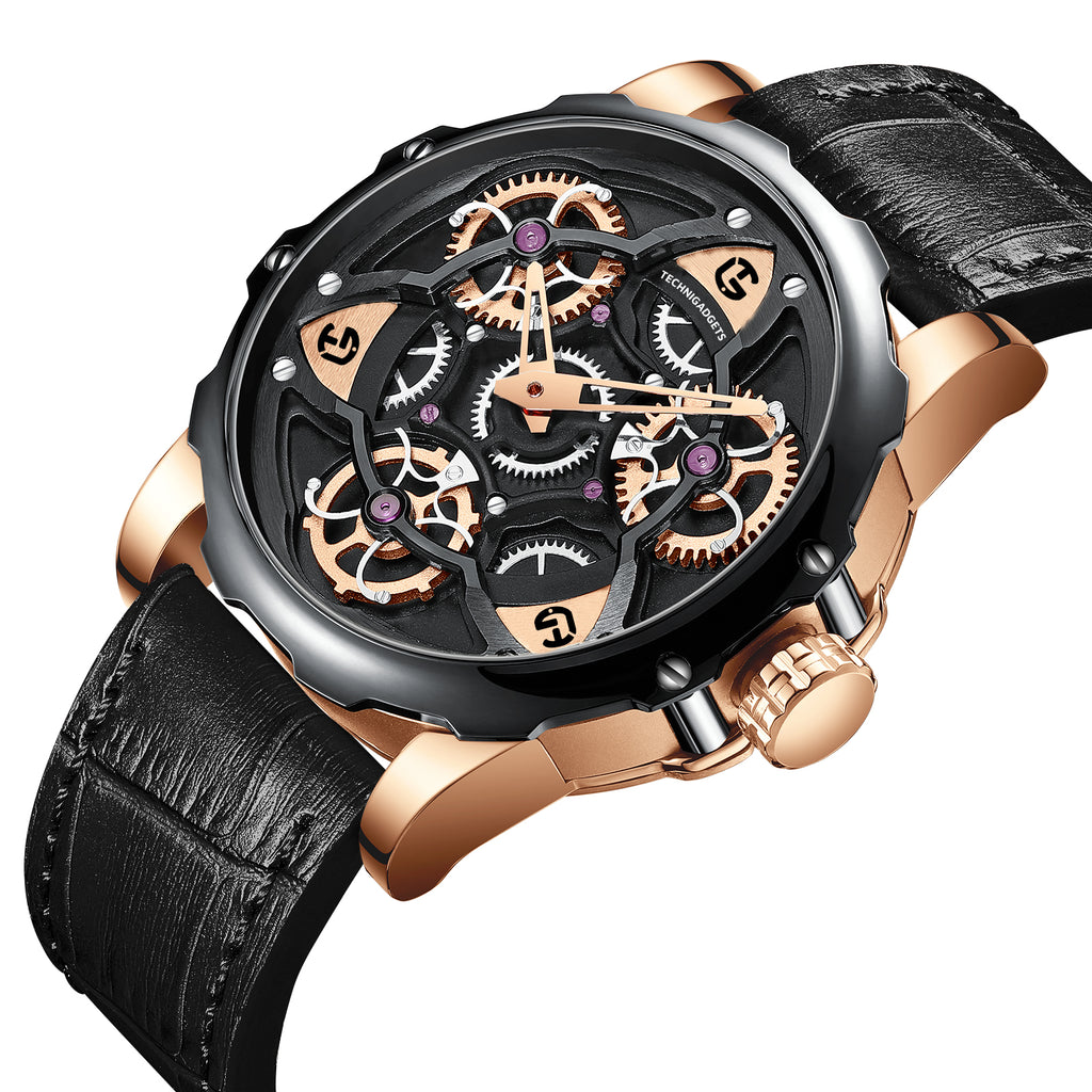 Gustavo Action Sport Skeleton Watch Rotating Wheels Leather Wristwatch ...